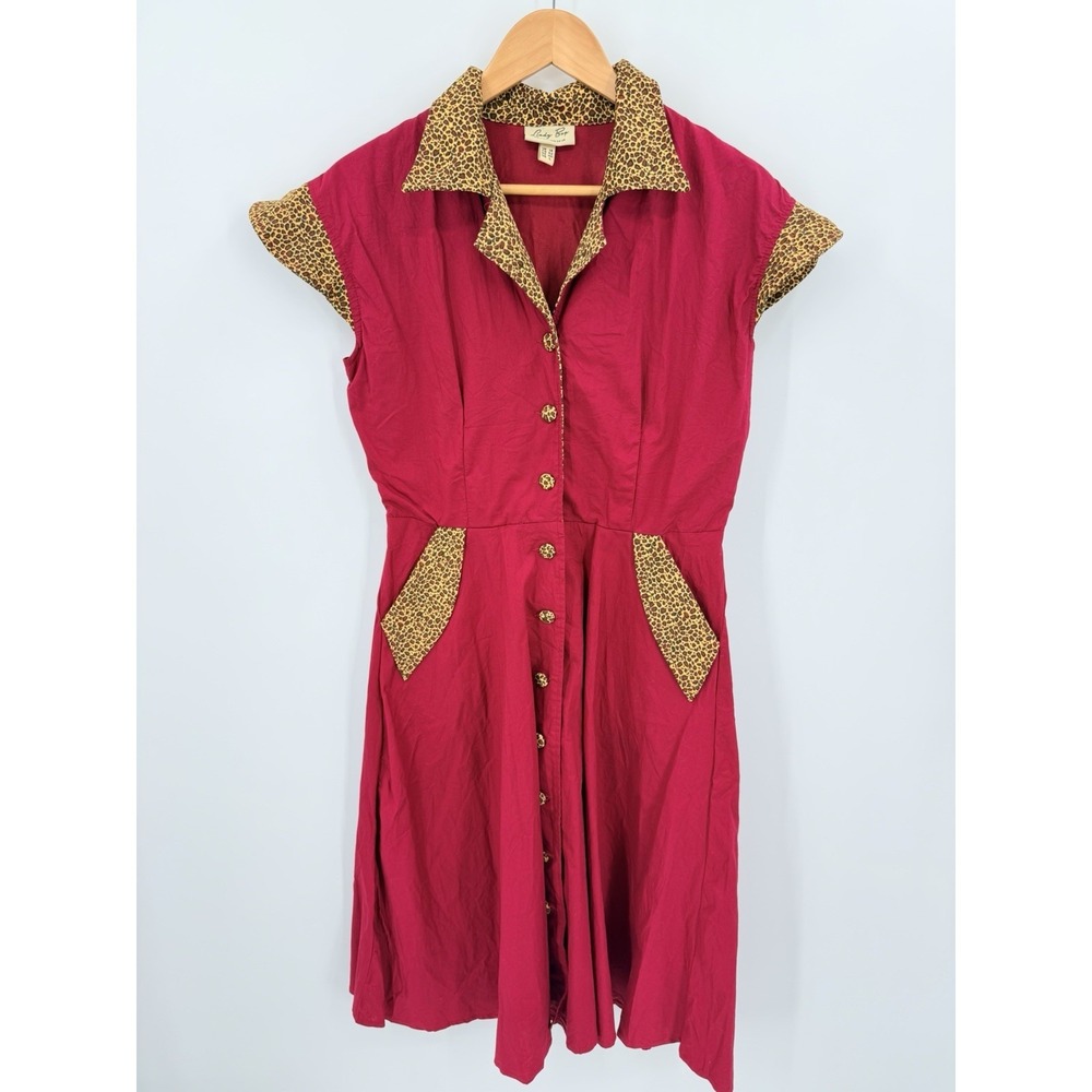 Lindy Bop Sz L Red Swing Dress Leopard Accents Cap Sleeve Retro 50s Rockabilly